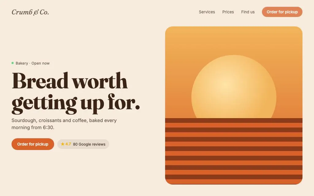 Example of a redesigned small business website for a bakery, modern layout on a laptop