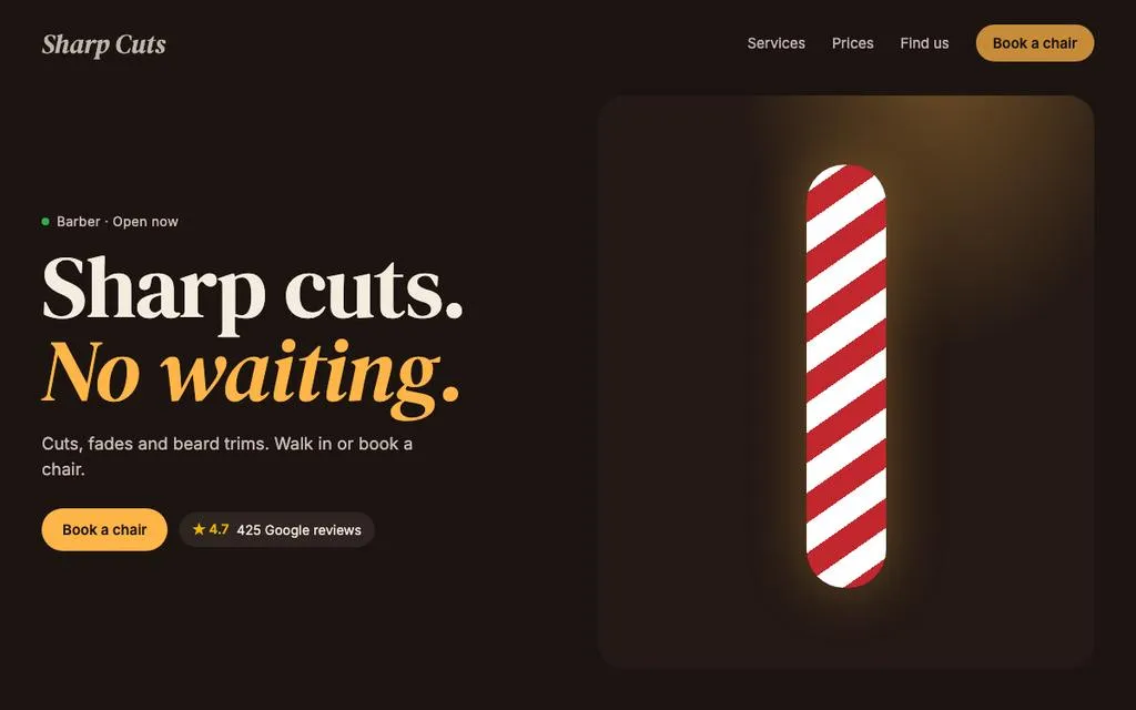 Example barber shop website with a Book a chair button for online booking