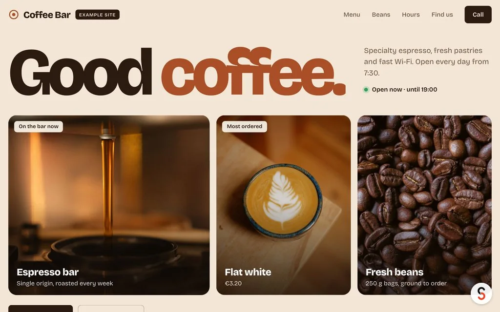Cafe website example for a small business: coffee bar menu with prices and opening hours