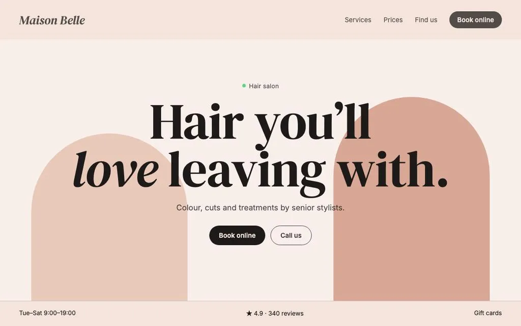Hair salon website design example with Book online and Call us buttons