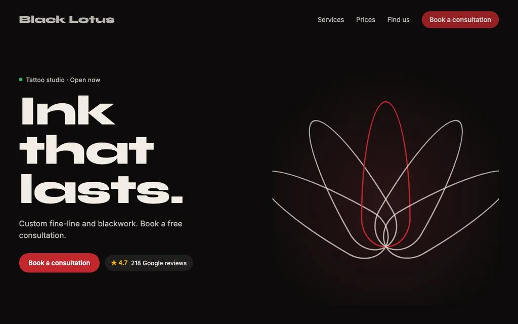 Tattoo studio website design example with a dark portfolio layout