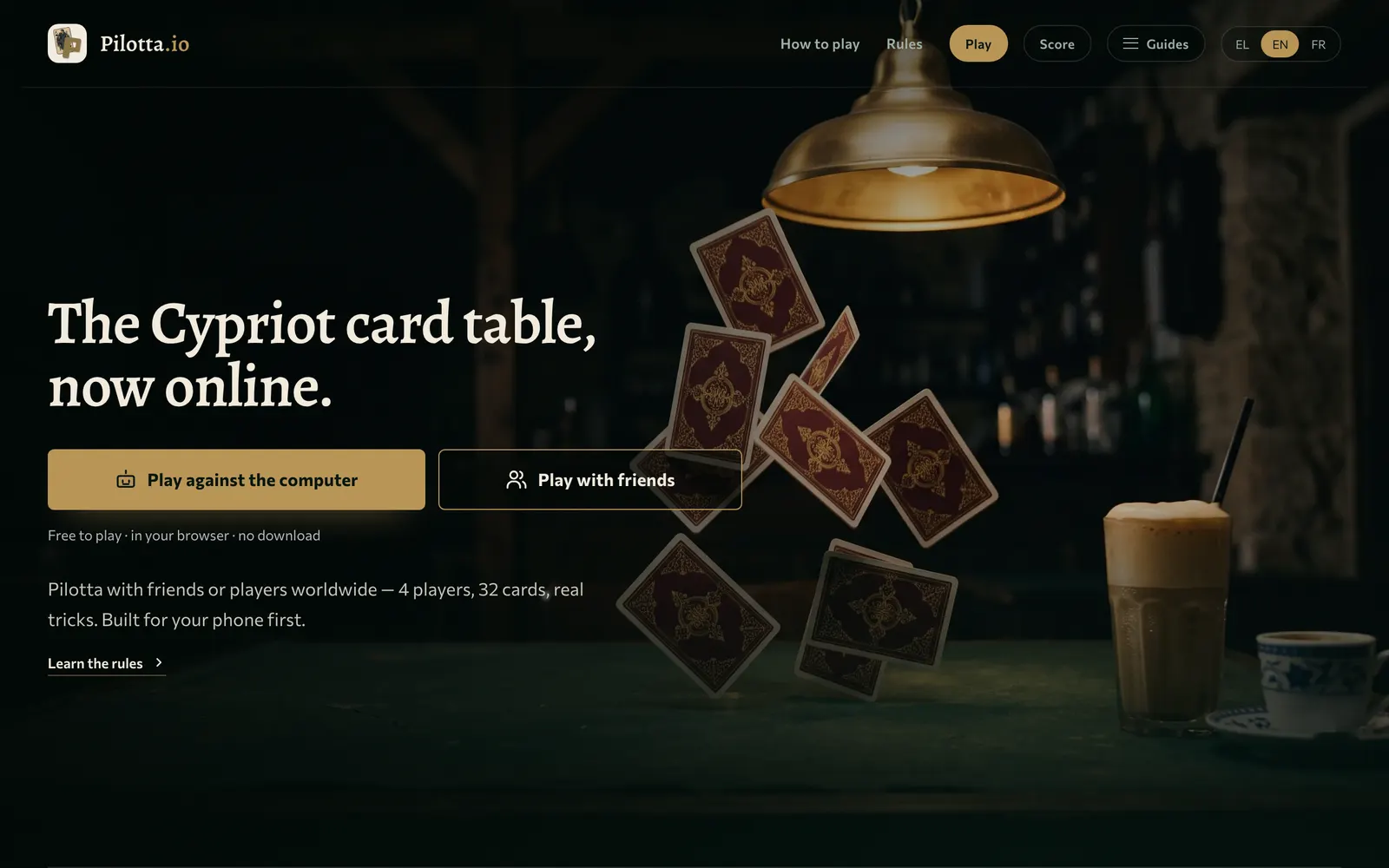 Pilotta.io home page on a laptop: “The Cypriot card table, now online.” with cards falling under a café lamp
