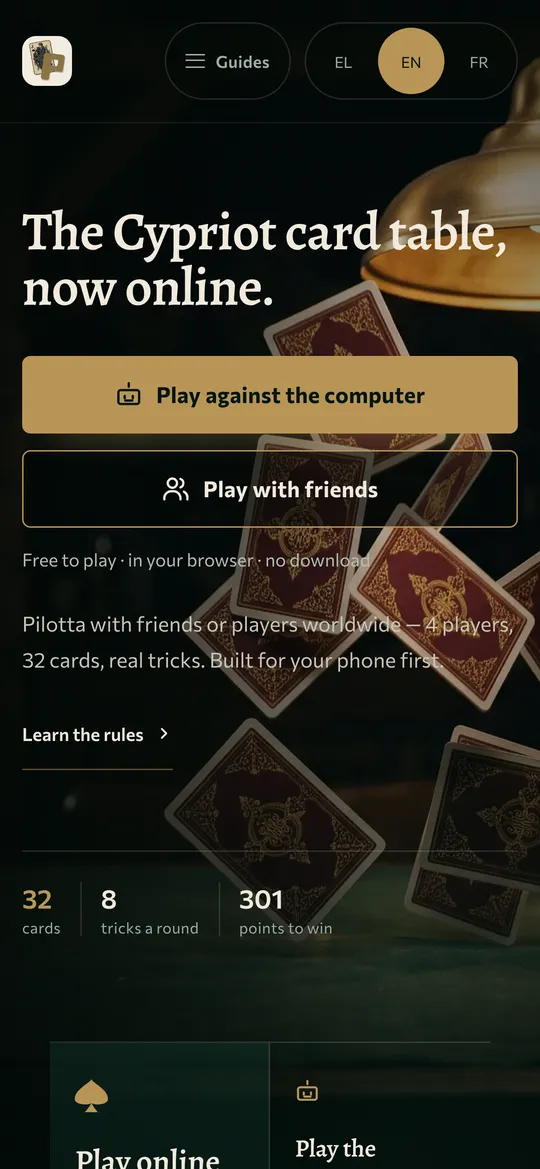 Pilotta.io on a phone, with the Play against the computer and Play with friends buttons